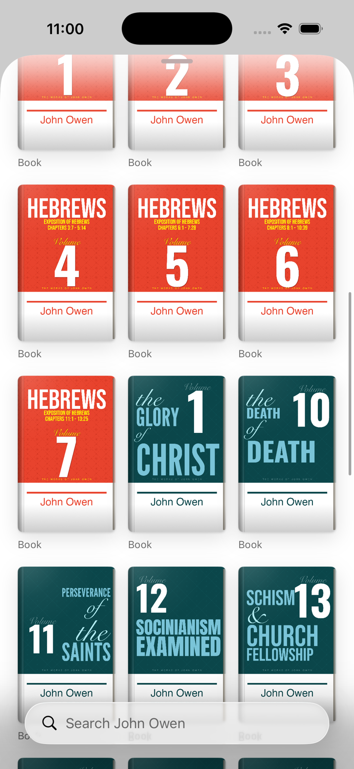 John Owen's author page: a grid of his works on Hebrews, the Glory of Christ and the Death of Death, with a search box that reads Search John Owen.